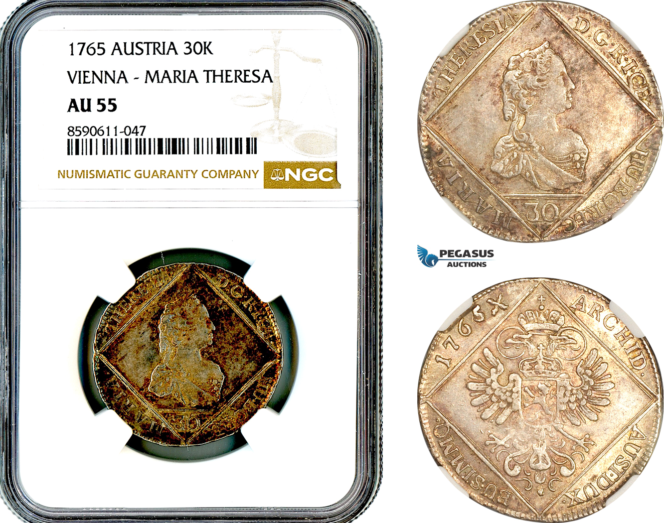 AM117, Austria, Maria Theresia, 30 Kreuzer 1765, Prague Mint, Silver, Slab error as Vienna, Rare, NGC AU55