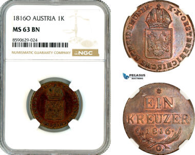AM118, Austria, Franz II, 1 Kreuzer 1816 O, Oravitza Mint, NGC MS63BN