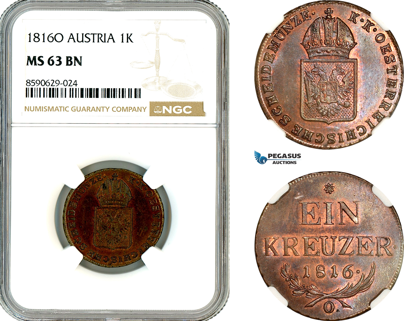 AM118, Austria, Franz II, 1 Kreuzer 1816 O, Oravitza Mint, NGC MS63BN
