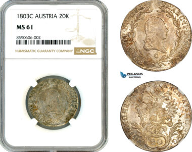 AM120, Austria, Franz II, 20 Kreuzer 1803 C, Prague Mint, Silver, NGC MS61