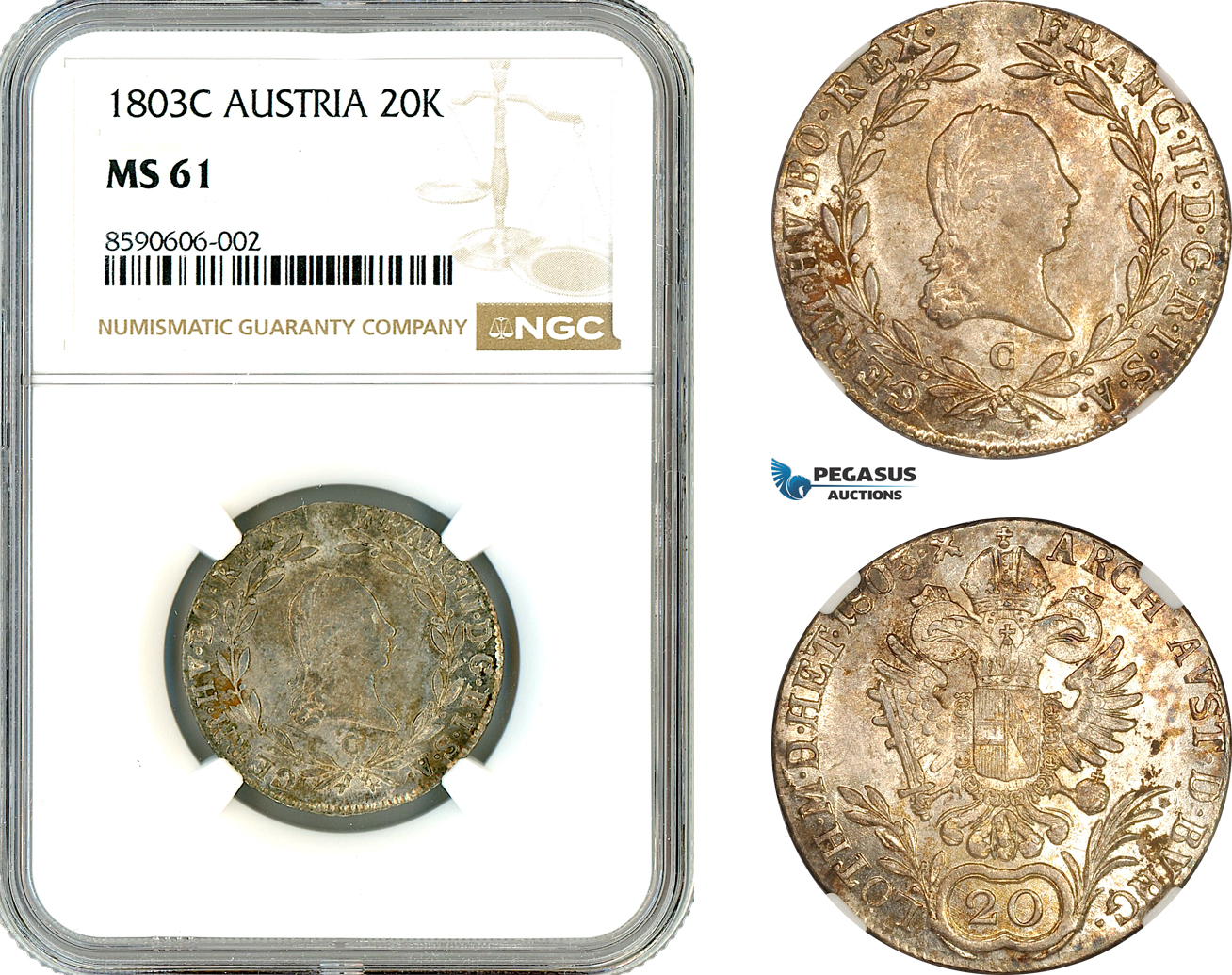 AM120, Austria, Franz II, 20 Kreuzer 1803 C, Prague Mint, Silver, NGC MS61