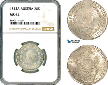 AM121, Austria, Franz II, 20 Kreuzer 1813 A, Vienna Mint, Silver, NGC MS64