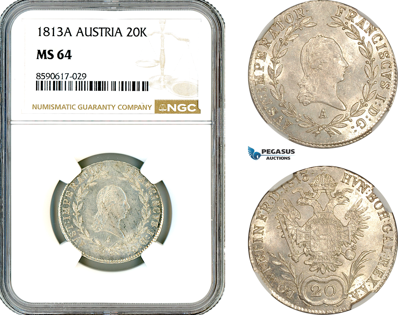 AM121, Austria, Franz II, 20 Kreuzer 1813 A, Vienna Mint, Silver, NGC MS64