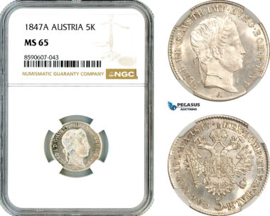 AM123, Austria, Ferdinand I, 5 Kreuzer 1847 A, Vienna Mint, Silver, NGC MS65, Top Pop, Single Finest!