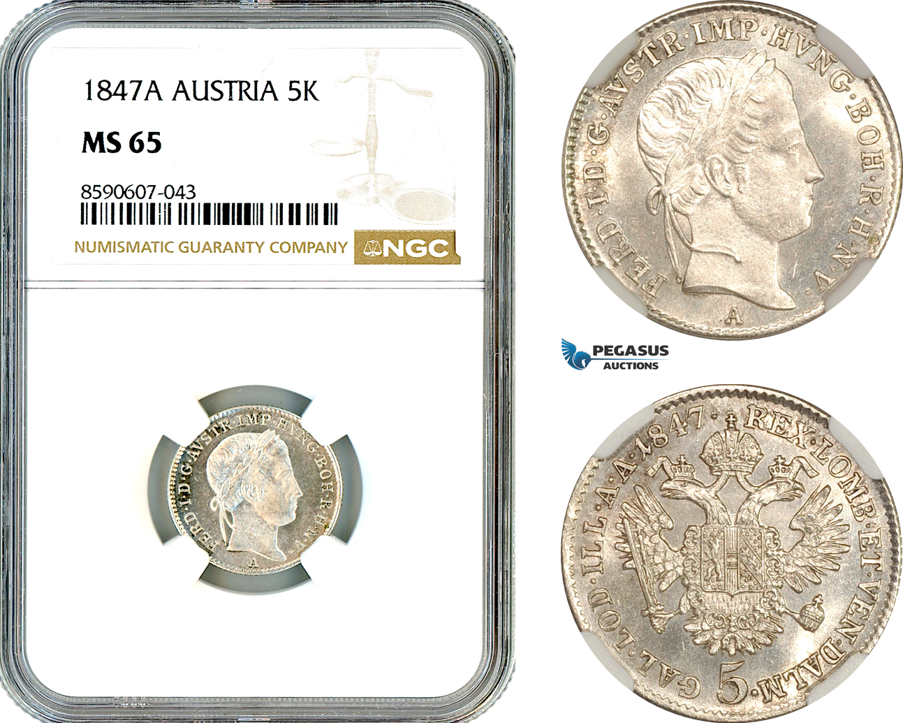 AM123, Austria, Ferdinand I, 5 Kreuzer 1847 A, Vienna Mint, Silver, NGC MS65, Top Pop, Single Finest!