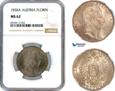 AM124, Austria, Franz Joseph, 1 Florin 1858 A, Vienna Mint, Silver, NGC MS62