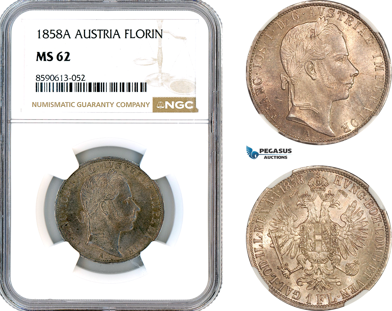 AM124, Austria, Franz Joseph, 1 Florin 1858 A, Vienna Mint, Silver, NGC MS62