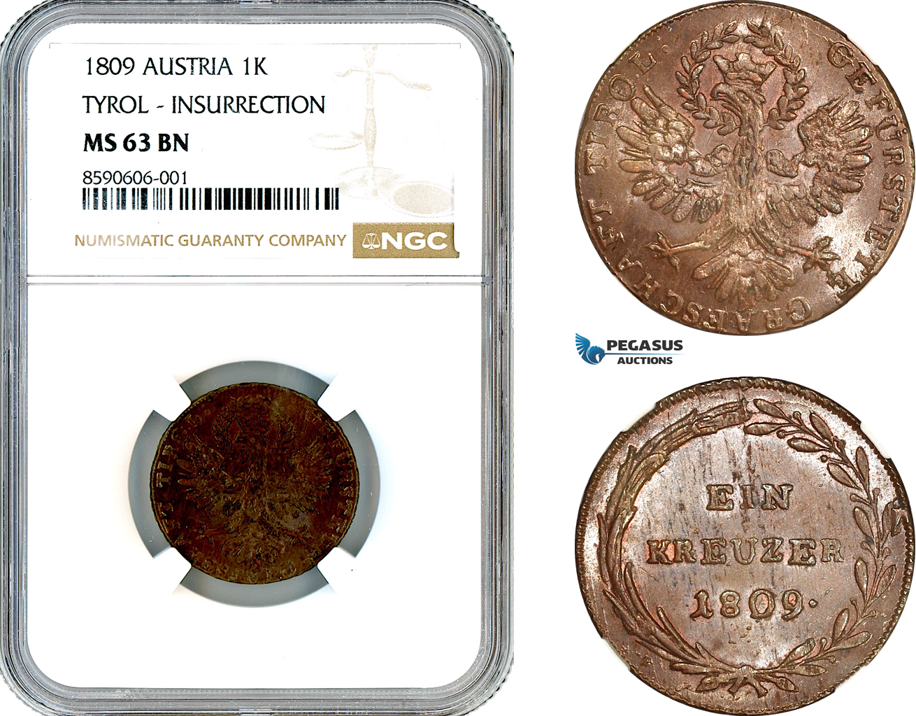 AM125, Austria, Tyrol, Andreas Hofer, 1 Kreuzer 1809, Hall Mint, NGC MS63BN, Top Pop!