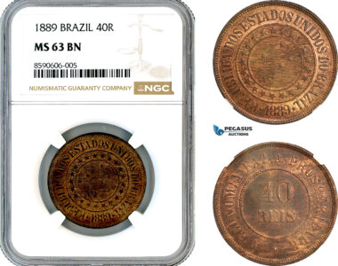 AM126, Brazil, 40 Reis 1889, Rio de Janeiro Mint, NGC MS63BN