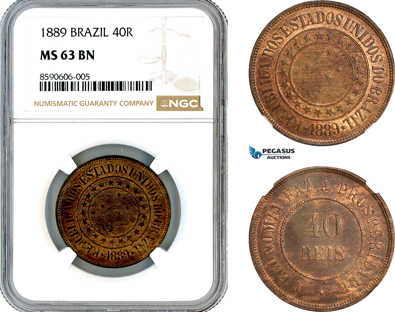 AM126, Brazil, 40 Reis 1889, Rio de Janeiro Mint, NGC MS63BN