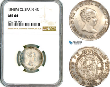 AM129, Spain, Isabella II, 4 Reales 1848 M, Madrid Mint, Silver, NGC MS64