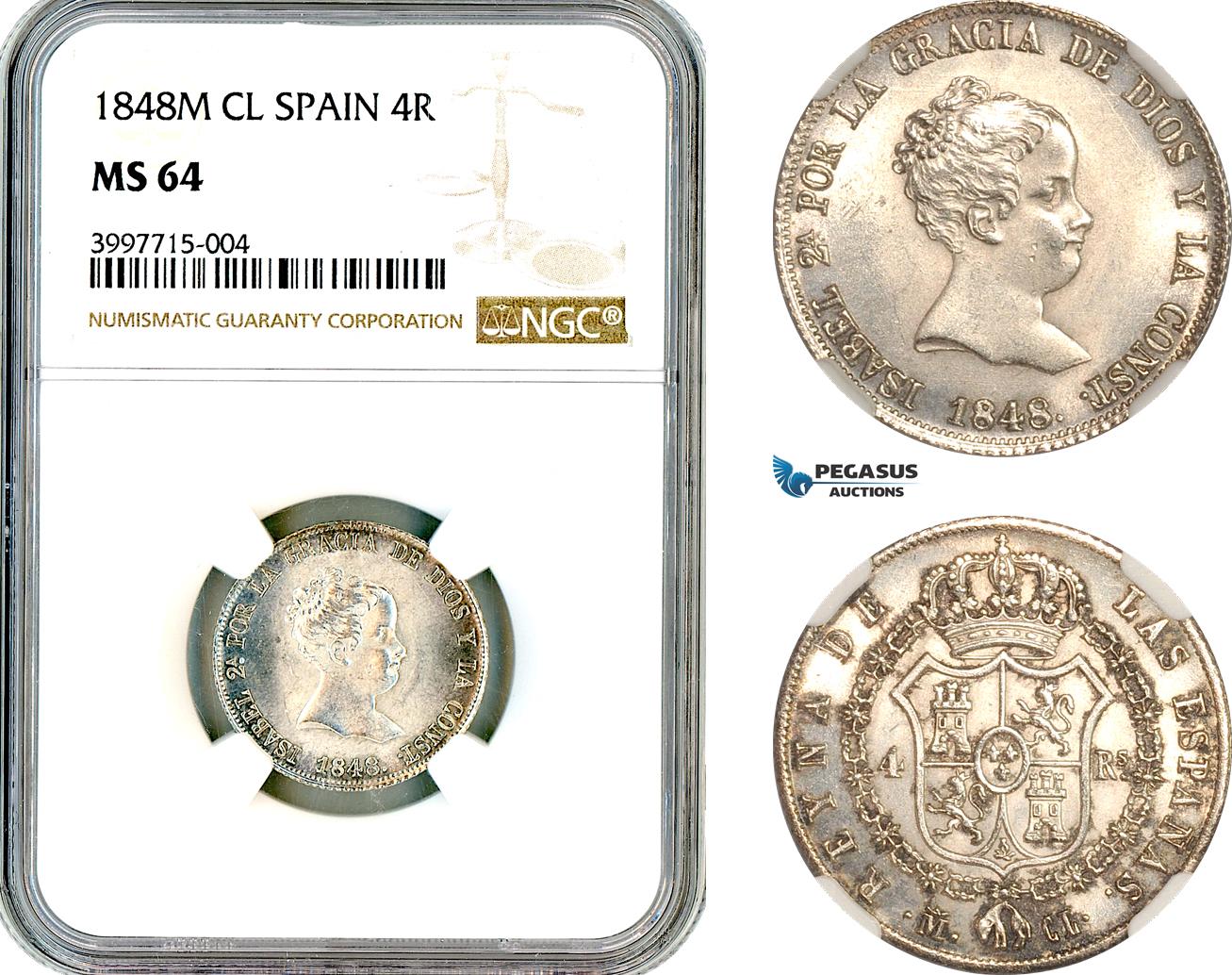 AM129, Spain, Isabella II, 4 Reales 1848 M, Madrid Mint, Silver, NGC MS64
