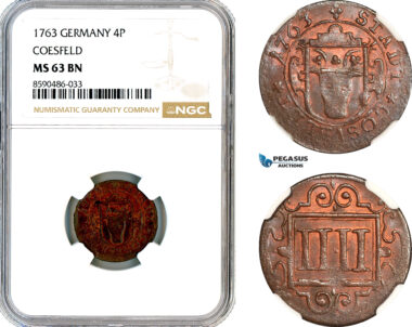 AM130, Germany, Coesfeld, 4 Pfennigs 1763, NGC MS63BN, Top Pop, Single Finest!
