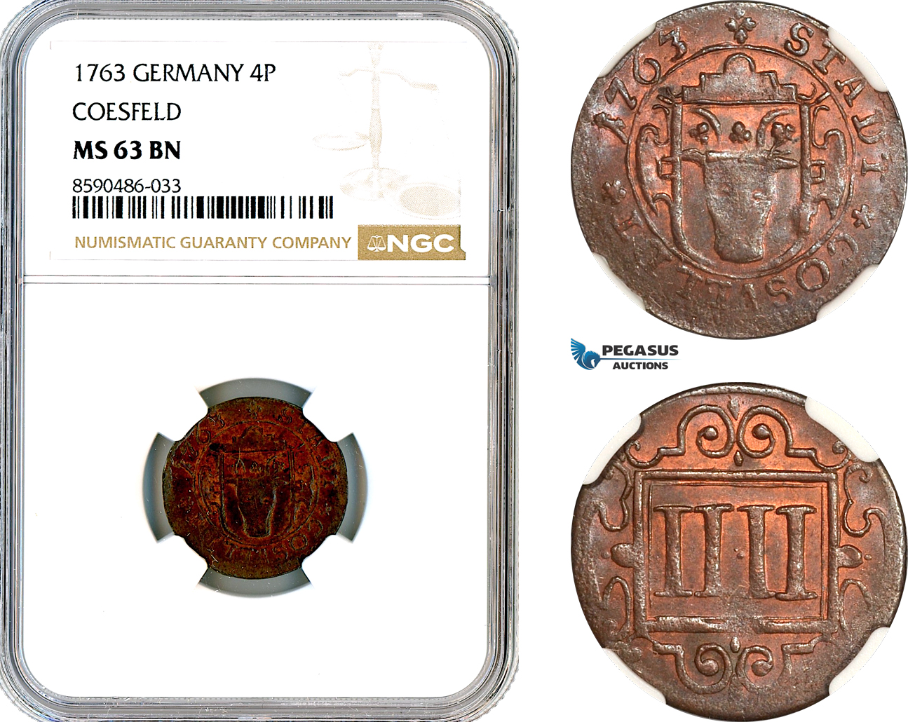 AM130, Germany, Coesfeld, 4 Pfennigs 1763, NGC MS63BN, Top Pop, Single Finest!