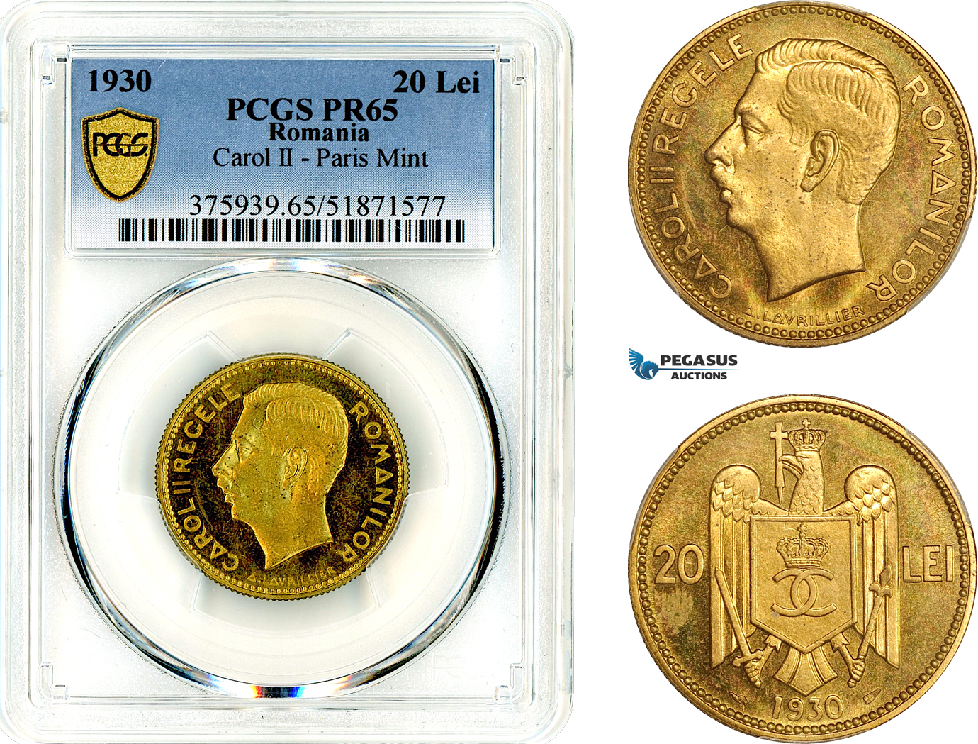 AM131, Romania, Carol II, 20 Lei 1930, Paris Mint, PCGS PR65, Rare!