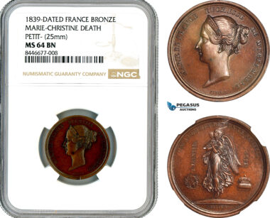 AM132, France & Germany, Bronze Medal 1839 by Petit, Death of Maria, Duchess of Wurttemberg, NGC MS64BN