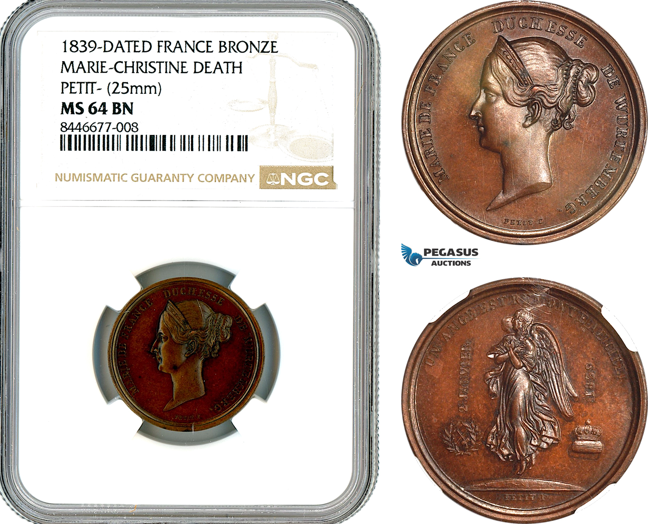 AM132, France & Germany, Bronze Medal 1839 by Petit, Death of Maria, Duchess of Wurttemberg, NGC MS64BN