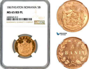 AM136, Romania, Carol I, 5 Bani 1867, Heaton Mint, NGC MS65RD PL