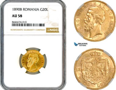 AM139, Romania, Carol I, 20 Lei 1890 B, Bucharest Mint, Gold, NGC AU58