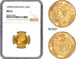 AM140, Romania, Carol I, 20 Lei 1890 B, Bucharest Mint, Gold, NGC MS61