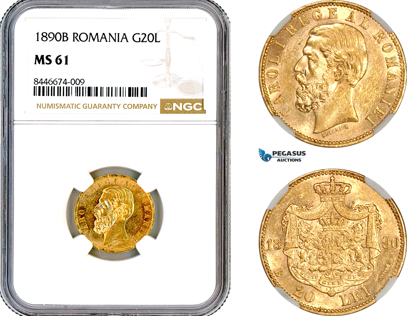 AM140, Romania, Carol I, 20 Lei 1890 B, Bucharest Mint, Gold, NGC MS61
