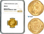 AM141, Romania, Carol I, 20 Lei 1890 B, Bucharest Mint, Gold, NGC MS61