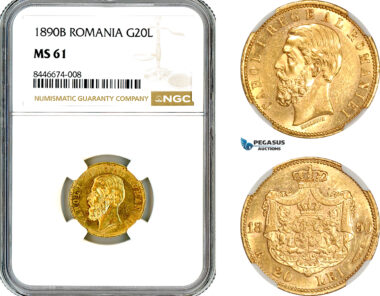 AM141, Romania, Carol I, 20 Lei 1890 B, Bucharest Mint, Gold, NGC MS61