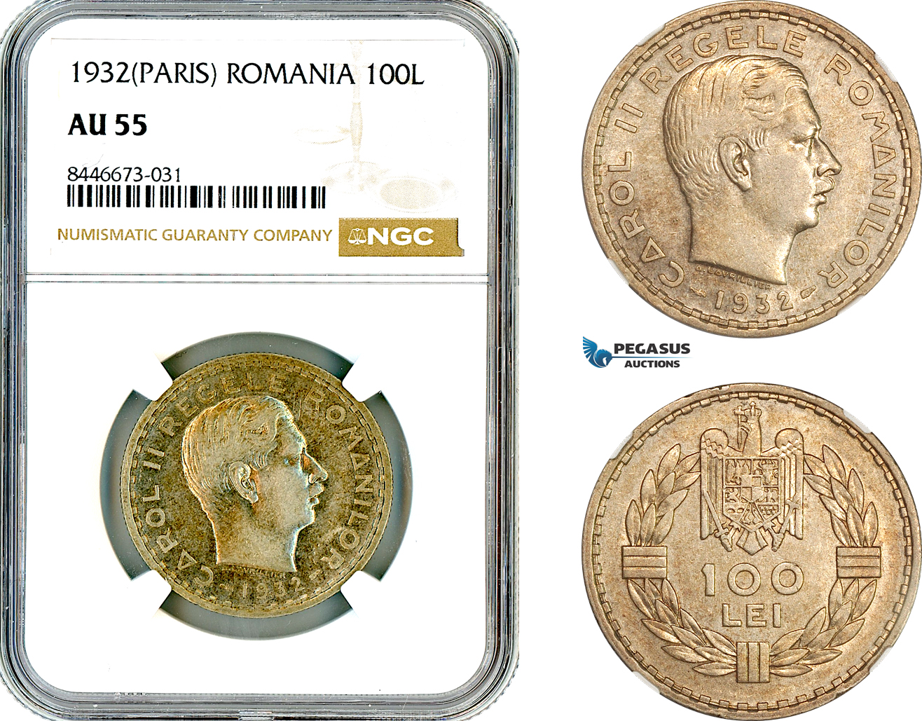 AM142, Romania, Carol II, 100 Lei 1932, Paris Mint, Silver, NGC AU55