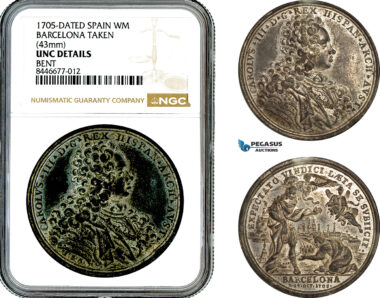 AM143, Spain, Charles III, 1705 Tin medal by Muller, Capture of Barcelona, NGC UNC Details, Rare!