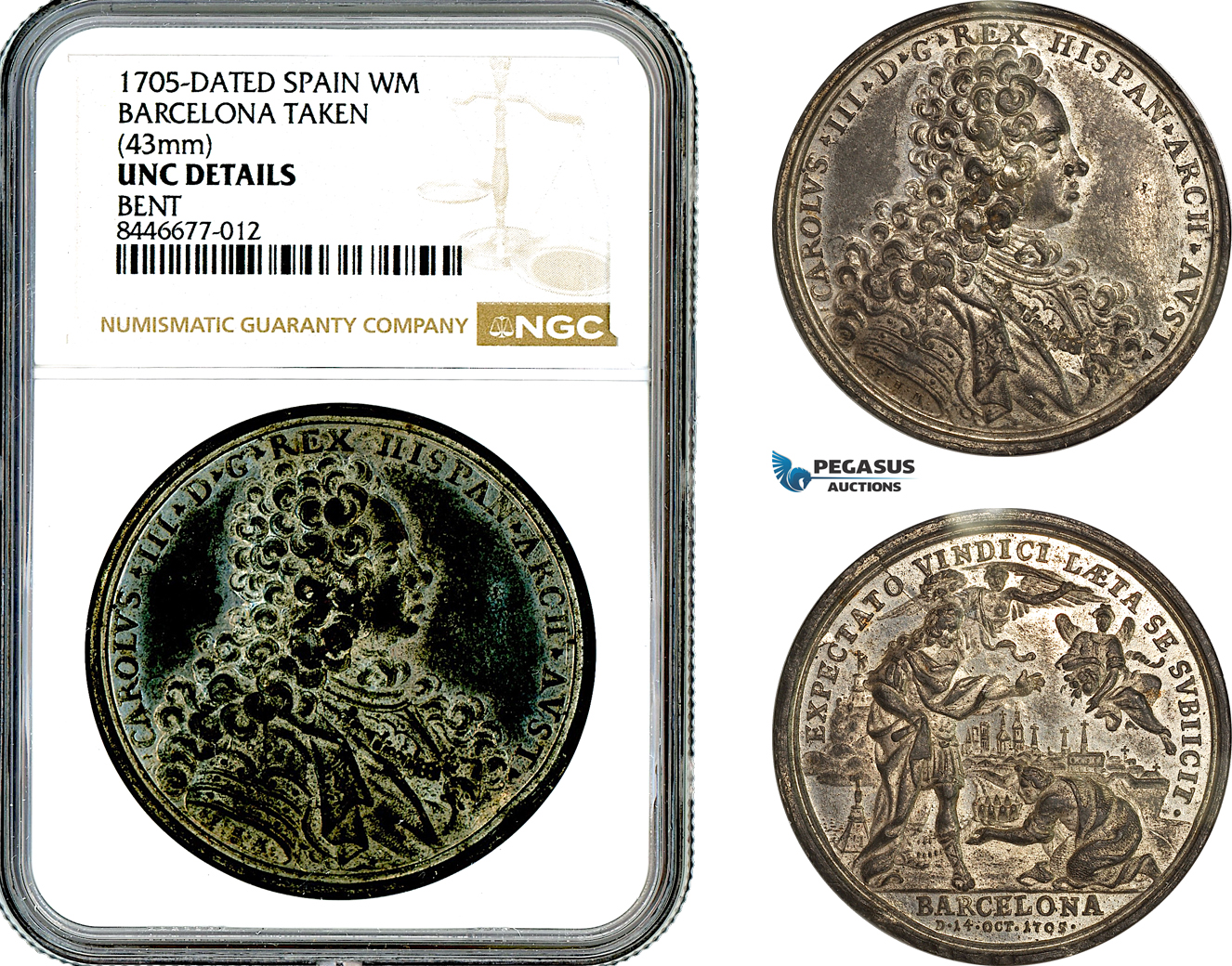 AM143, Spain, Charles III, 1705 Tin medal by Muller, Capture of Barcelona, NGC UNC Details, Rare!