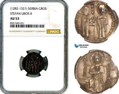 AM285, Serbia, Stefan Uros II Milutin, Grosch ND (1282-1321) Silver, NGC AU53