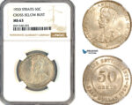 AM286, Straits Settlements, George V, 50 Cents 1920, Bombay Mint, Silver, Cross below bust, NGC MS63
