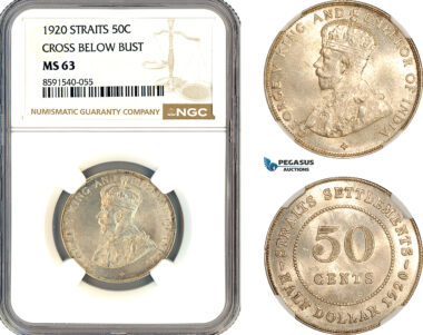 AM286, Straits Settlements, George V, 50 Cents 1920, Bombay Mint, Silver, Cross below bust, NGC MS63
