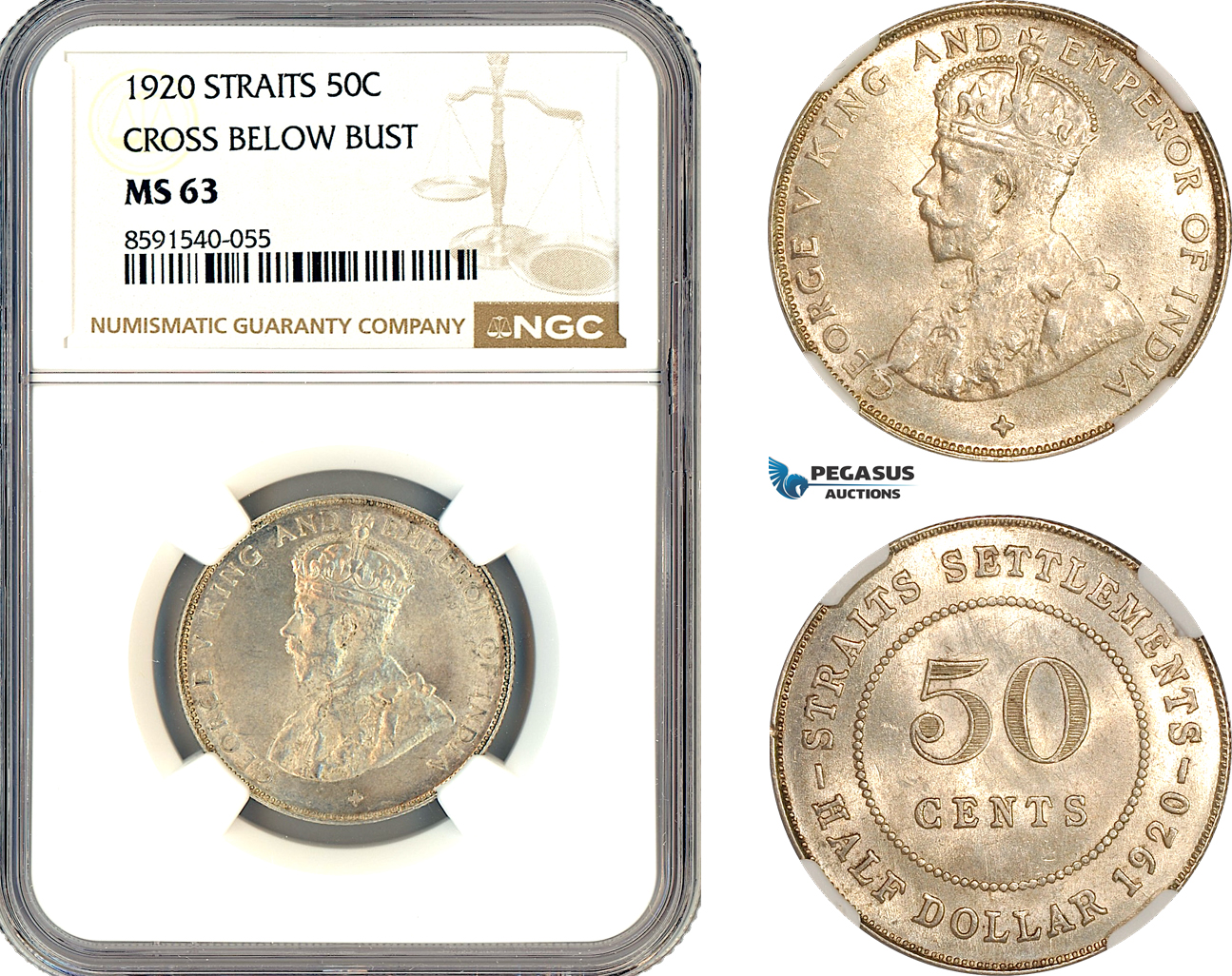 AM286, Straits Settlements, George V, 50 Cents 1920, Bombay Mint, Silver, Cross below bust, NGC MS63