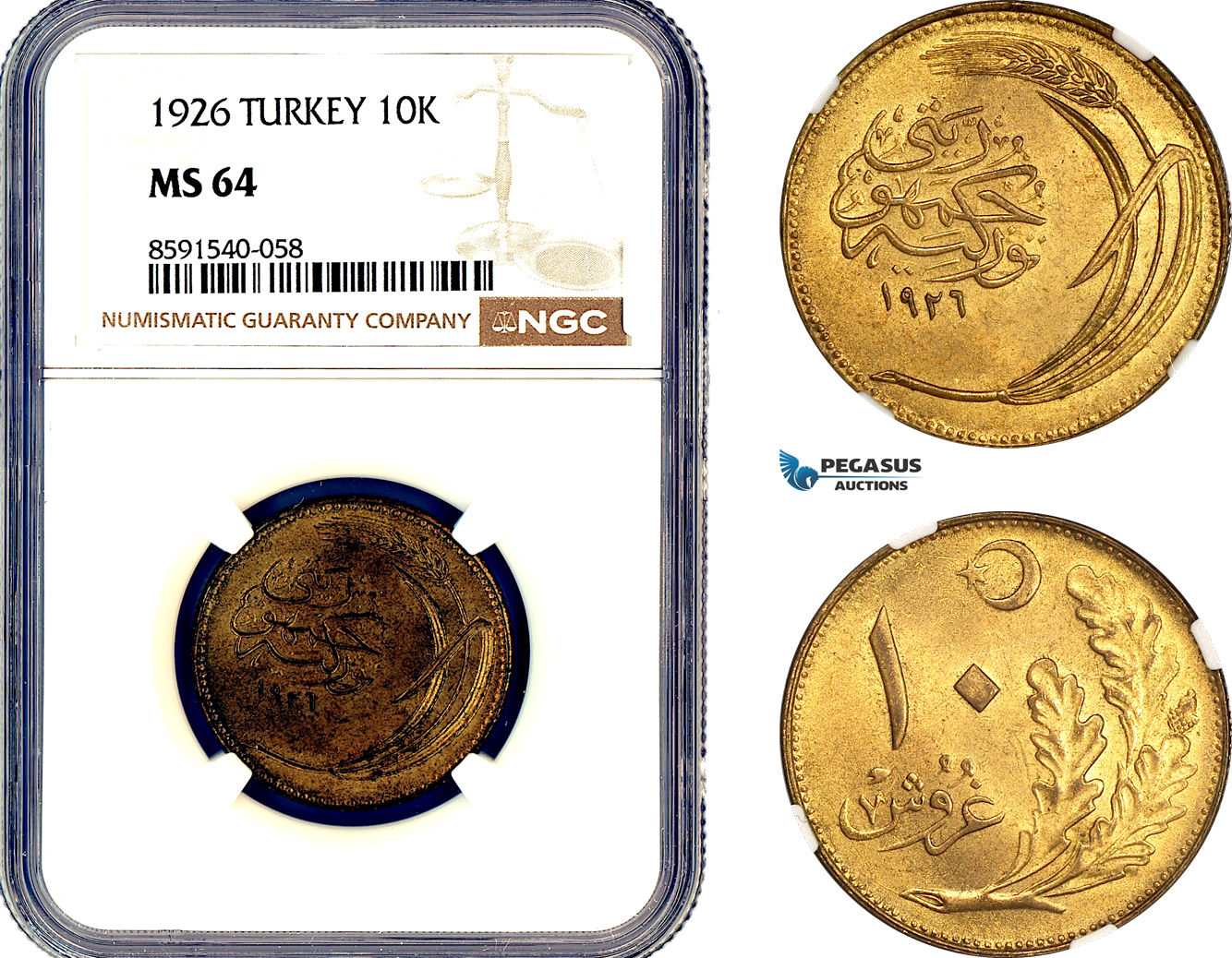 AM289, Turkey, 10 Kurush 1926, Istanbul Mint, NGC MS64