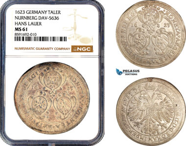 AM294, Germany, Nurnberg, Hans Lauer, Taler 1623, Nurnberg Mint, Silver, DAV-5636, NGC MS61