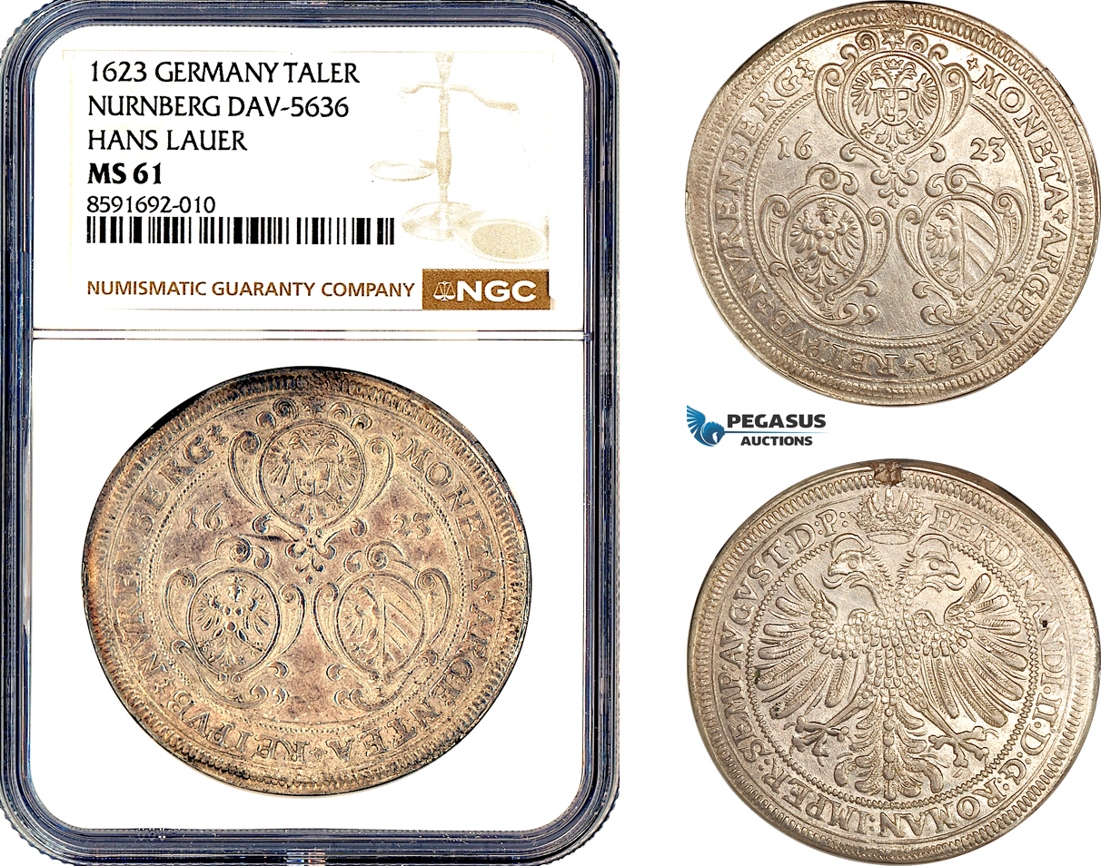 AM294, Germany, Nurnberg, Hans Lauer, Taler 1623, Nurnberg Mint, Silver, DAV-5636, NGC MS61