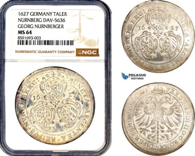 AM295, Germany, Nurnberg, Georg Nurnberger, Taler 1627, Nurnberg Mint, Silver, DAV-5636, NGC MS64, Top Pop!