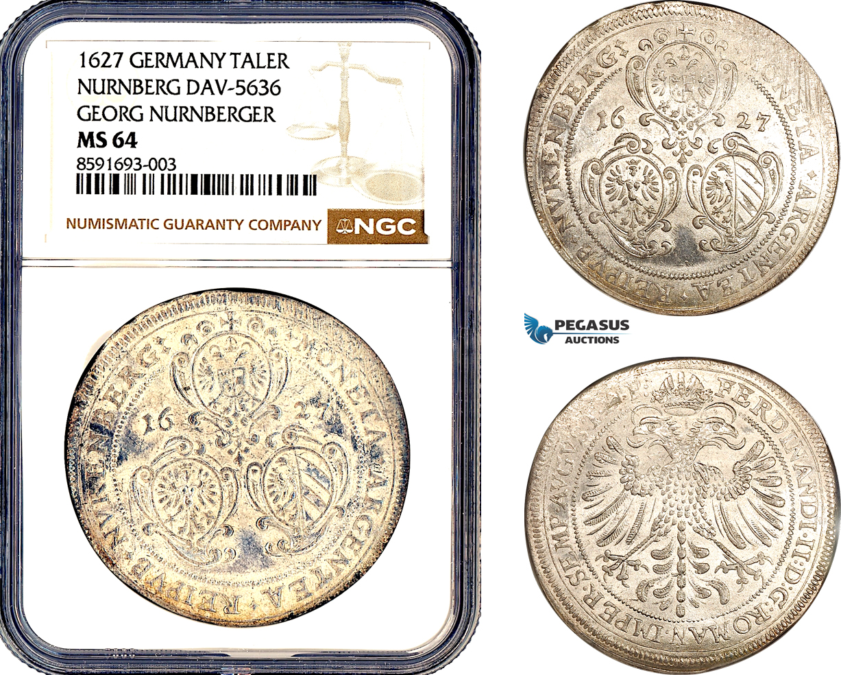 AM295, Germany, Nurnberg, Georg Nurnberger, Taler 1627, Nurnberg Mint, Silver, DAV-5636, NGC MS64, Top Pop!