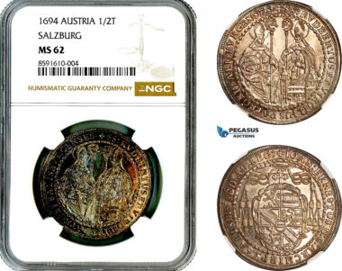 AM297, Austria, Salzburg, Johann Ernst von Thun, 1/2 Taler 1694, Salzburg Mint, Silver, NGC MS62