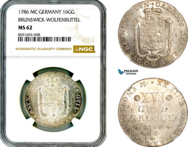 AM298, Germany, Brunswick-Wolfenbüttel, Karl II Wilhelm Ferdinand, 16 Gute Groschen 1786 MC, Braunschweig Mint, Silver, NGC MS62