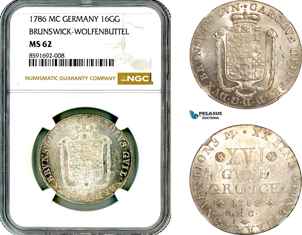 AM298, Germany, Brunswick-Wolfenbüttel, Karl II Wilhelm Ferdinand, 16 Gute Groschen 1786 MC, Braunschweig Mint, Silver, NGC MS62