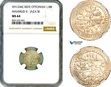 AM299, Algeria, Ottoman Empire, Mahmud II, 1/8 Budju AH1244 (1829), Silver, NGC MS64