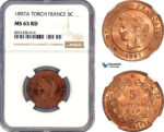 AM301, France, Third Republic, 5 Centimes 1897 A, Paris Mint, NGC MS65RD