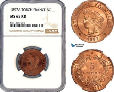 AM301, France, Third Republic, 5 Centimes 1897 A, Paris Mint, NGC MS65RD