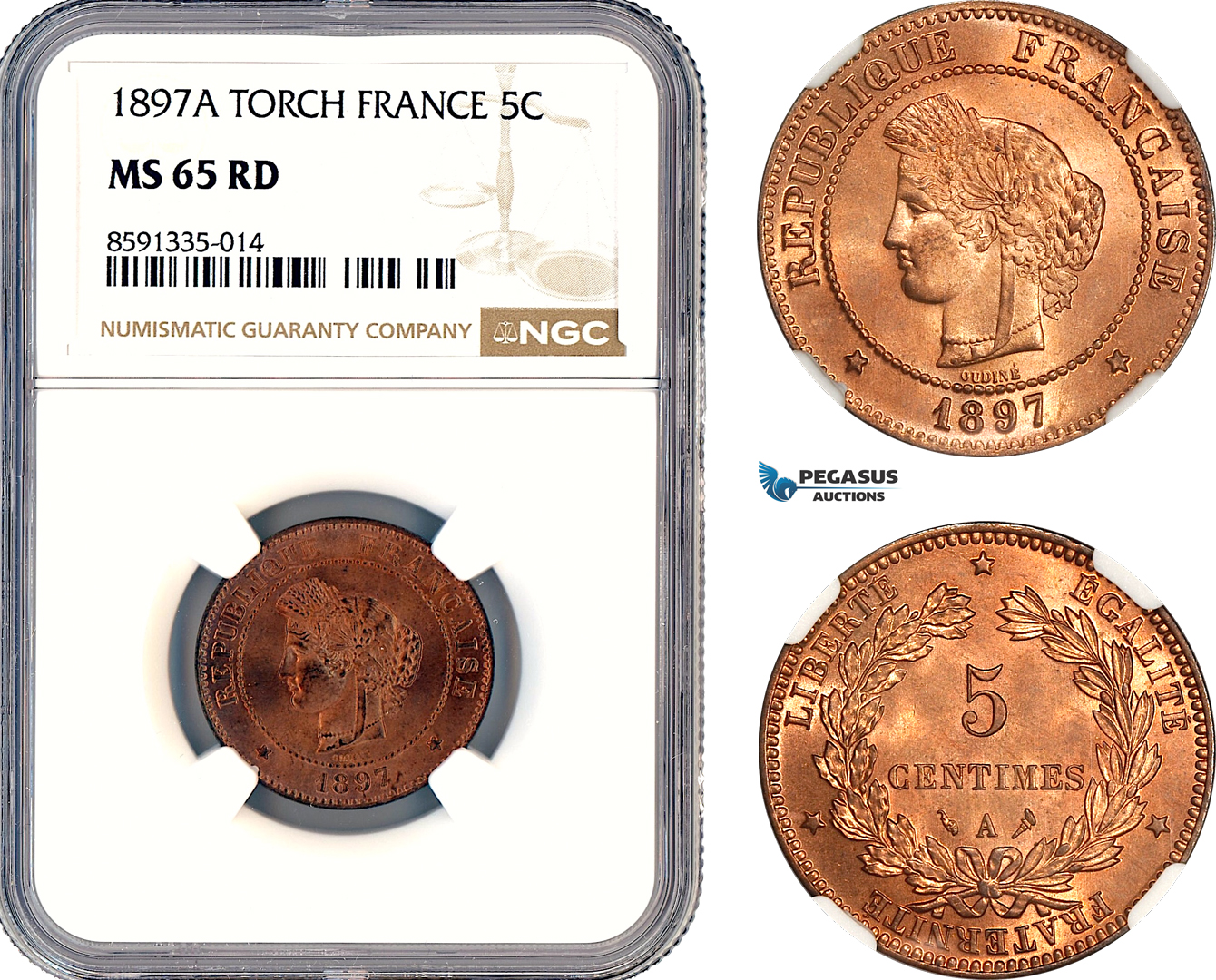 AM301, France, Third Republic, 5 Centimes 1897 A, Paris Mint, NGC MS65RD