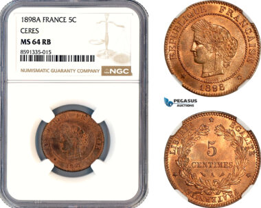 AM302, France, Third Republic, 5 Centimes 1898 A, Paris Mint, "Ceres", NGC MS64RB