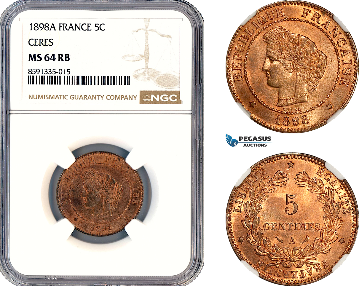 AM302, France, Third Republic, 5 Centimes 1898 A, Paris Mint, "Ceres", NGC MS64RB