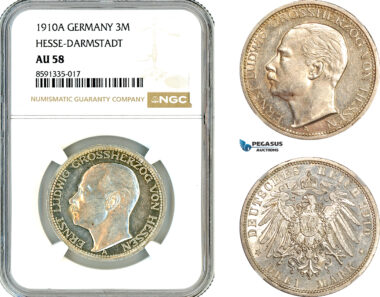 AM303, Germany, Hesse-Darmstadt, Ernst Ludwig, 3 Mark 1910 A, Berlin Mint, Silver, NGC AU58