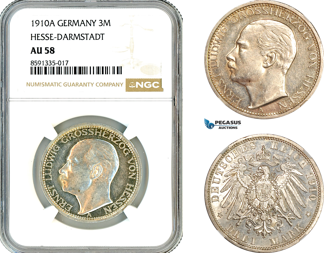 AM303, Germany, Hesse-Darmstadt, Ernst Ludwig, 3 Mark 1910 A, Berlin Mint, Silver, NGC AU58
